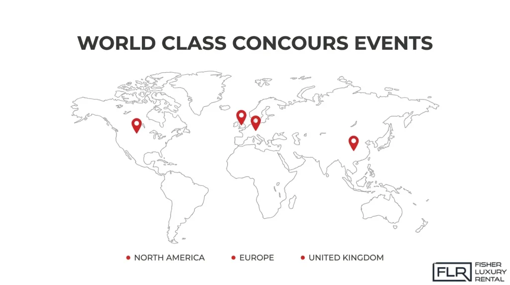 World map highlighting locations of prestigious Concours d'Elegance automotive events across North America, Europe, the United Kingdom, and Asia.