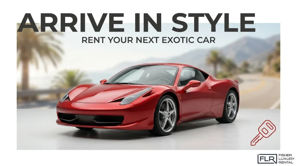 Red Ferrari sports car displayed against a scenic road backdrop, promoting exotic car rentals for attending luxury car meetups and automotive events.