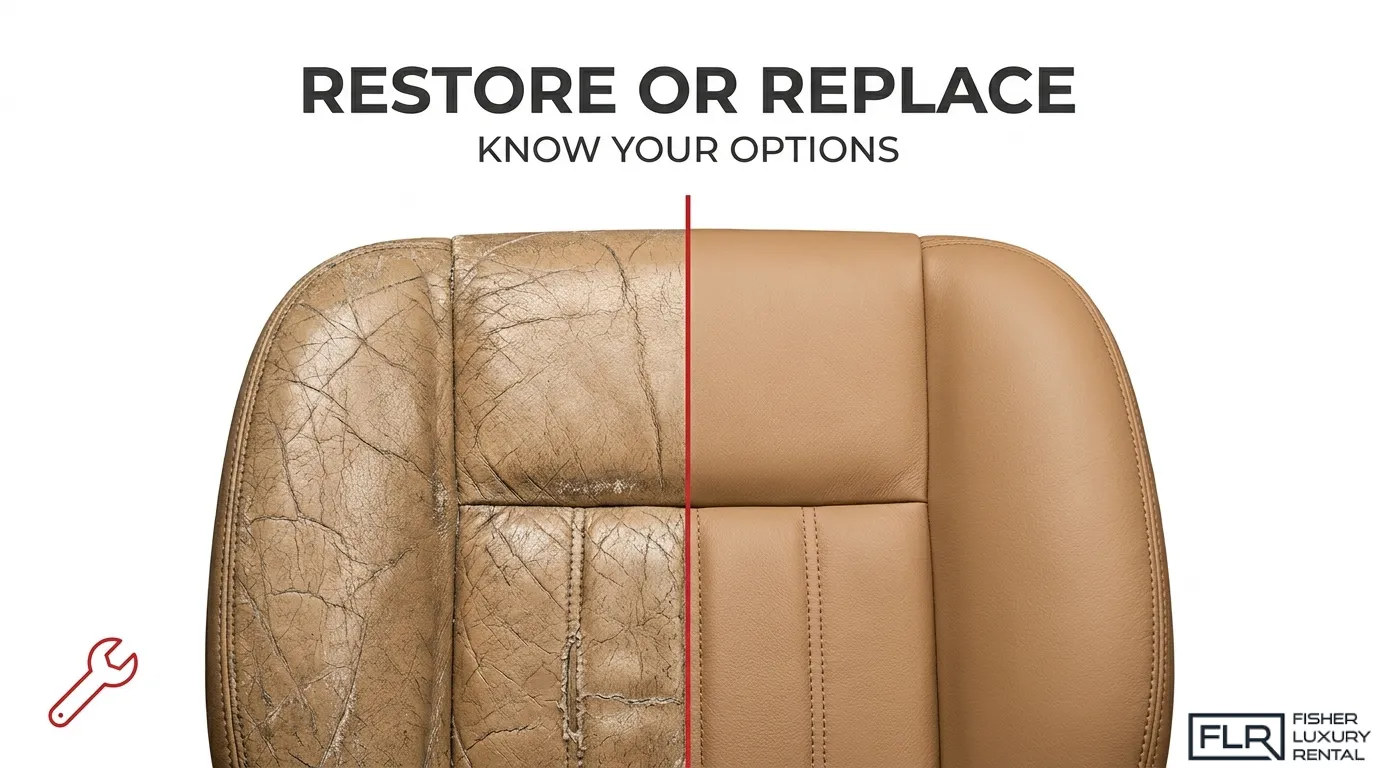 Side-by-side comparison of a tan leather car seat showing cracked, worn upholstery before restoration and smooth, renewed leather after repair or replacement.