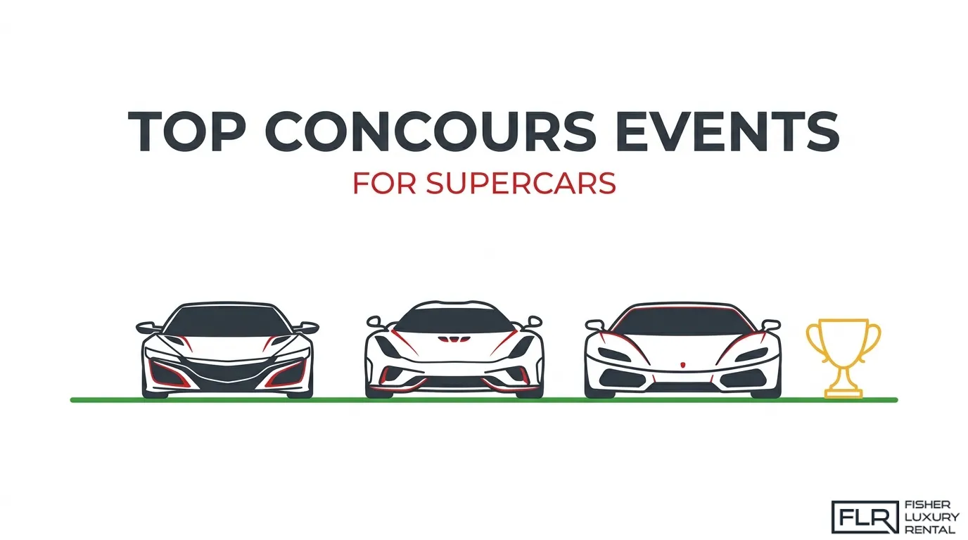 Illustration of three luxury supercars displayed at a Concours d'Elegance event, featuring a trophy symbolizing automotive design excellence and competition.