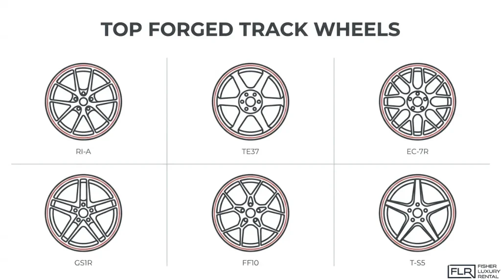 Comparison of six forged performance wheel designs for track days, featuring RI-A, TE37, EC-7R, GS1R, FF10, and T-S5 multi-spoke alloy wheels.