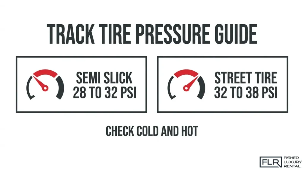 Track day tire pressure infographic comparing illustrated ranges of 28 to 32 PSI for semi-slick tires and 32 to 38 PSI for street tires, with a reminder to check cold and hot pressures.
