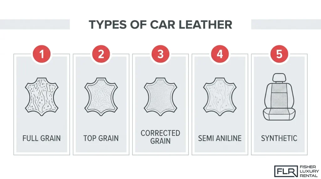 Comparison of five automotive leather upholstery types, including full-grain leather, top-grain leather, corrected-grain leather, semi-aniline leather, and synthetic leather.